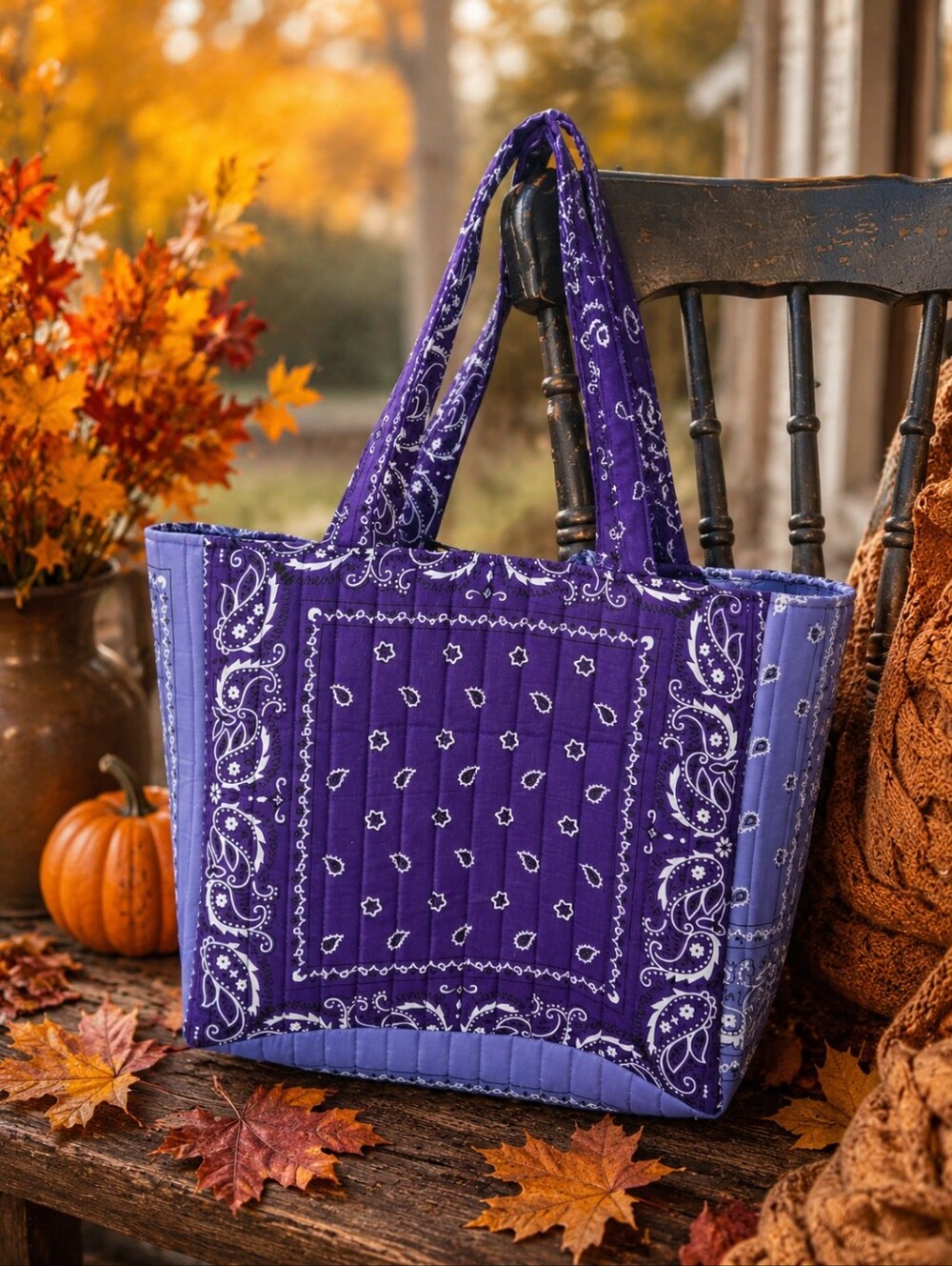 Handmade Quilted Purple Bandana Tote Bag | Large Paisley Carryall